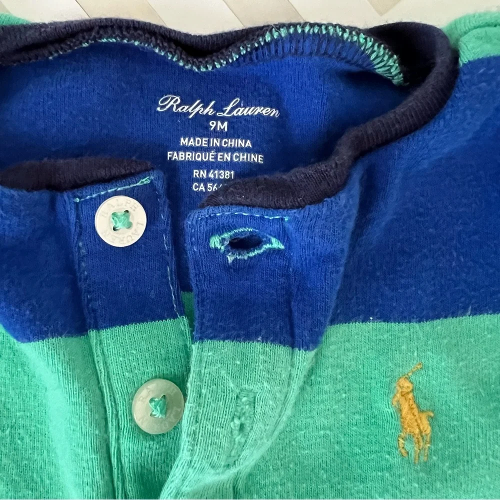 RALPH LAUREN Blue & Green Rugby Striped Footie, 9mo